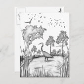 ヘロンのシーン黒と白のスケッチフラクタル ポストカード (正面/裏面)