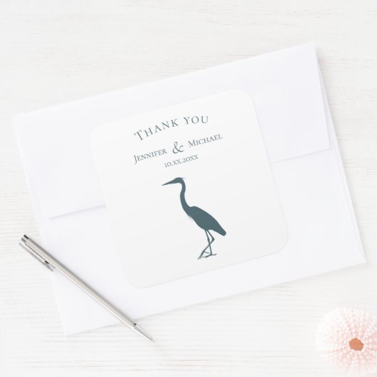 ヘロンシルエット黒いティール(緑がかった色)ブルー結婚オンホワイト スクエアシール (封筒)