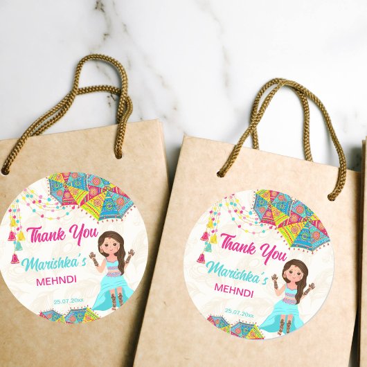 ヘンディピンクブルーかわいいインドの女の子ありがとうお favors ラウンドシール