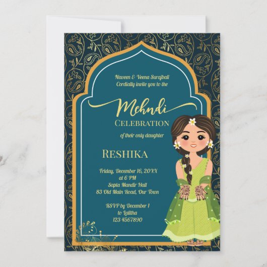 ヘンディ インドのペイズリー ティールグリーンのかわいいインドの花嫁 招待状 (正面)