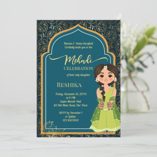 ヘンディ インドのペイズリー ティールグリーンのかわいいインドの花嫁 招待状 (スタンド正面)