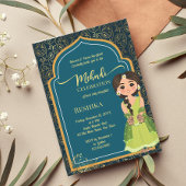 ヘンディ インドのペイズリー ティールグリーンのかわいいインドの花嫁 招待状