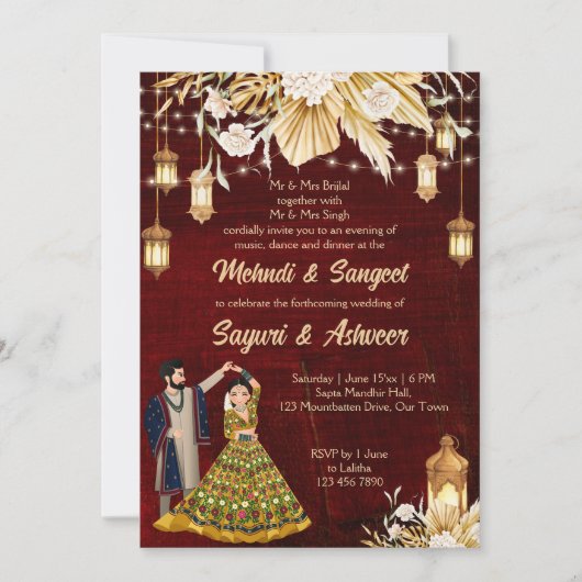ヘンディ・サンギートのワインレッドのインドのダンシングカップル 招待状 (正面)