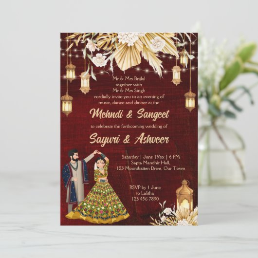 ヘンディ・サンギートのワインレッドのインドのダンシングカップル 招待状 (スタンド正面)