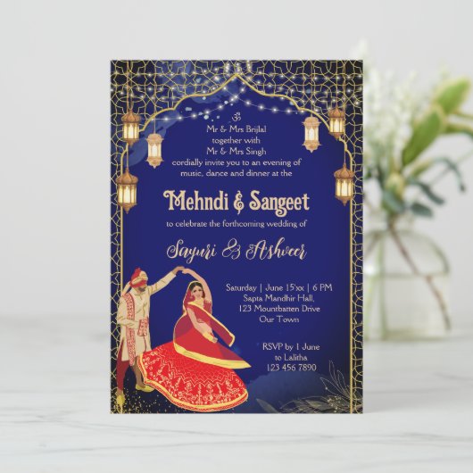 ヘンディ・サンギート ネイビーブルーのインドのダンシングカップル 招待状 (スタンド正面)