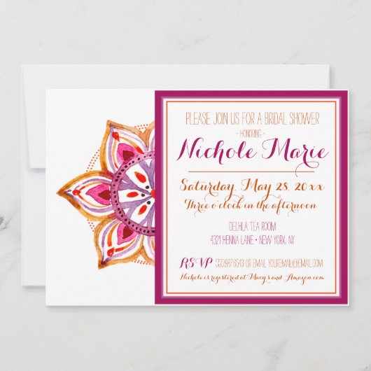 ヘンナフラワーブライダルシャワーインビテーション暗い赤紫色 招待状 (正面)