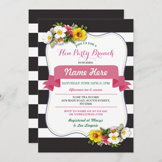 ヘンパーティーブランチシャワーストライプフローラピンク招待状 招待状 (正面/裏面)