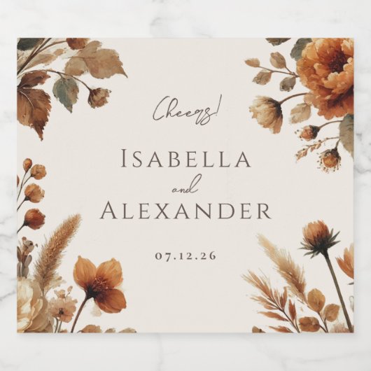 ヘーゼルウッドウォーターカラー秋結婚フローラ スパークリングワインラベル (シングルラベル)