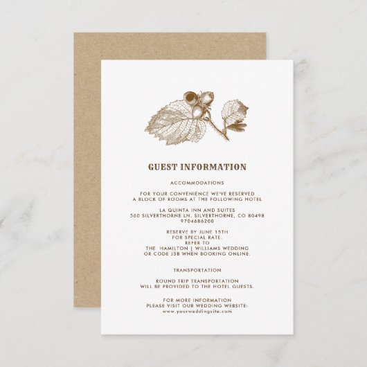 ヘーゼルナットブランチクラフト紙結婚ズ詳細カード 招待状 (正面/裏面)