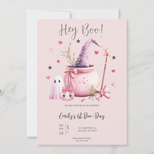 ヘーブーかわいい幽霊ハロウィーン1stバースデーピンク 招待状 (正面)