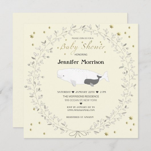 ベお洒落ルエレガントガ鯨赤ちゃんシャワー 招待状 (正面/裏面)