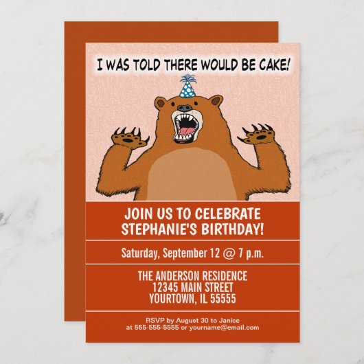 ベアおもしろいはケーキ誕生日パーティーを望む 招待状 (正面/裏面)