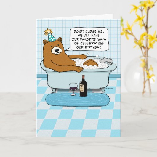ベアおもしろいー飲みワイン、タブ誕生日 カード (黄色い花)