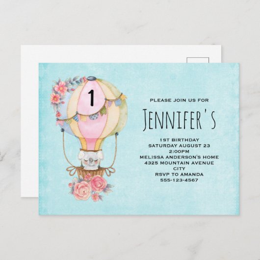 ベアウォーター付き可愛い風船誕生日 インビテーションポストカード (正面/裏面)