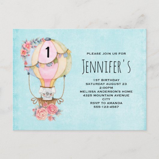ベアウォーター付き可愛い風船誕生日 インビテーションポストカード (正面)