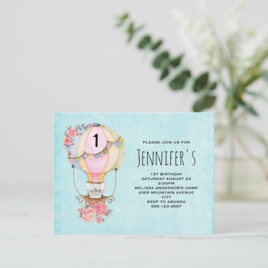 ベアウォーター付き可愛い風船誕生日 インビテーションポストカード (スタンド正面)