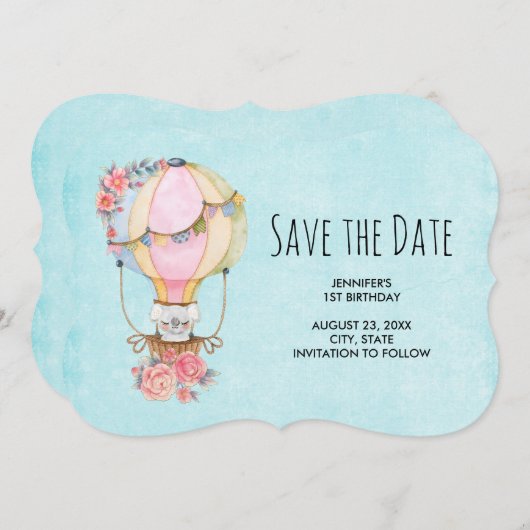 ベアウォーター付き可愛い風船誕生日 セーブザデート (正面/裏面)