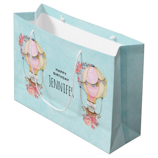 ベアウォーター付き可愛い風船誕生日 ラージペーパーバッグ (正面アングル)