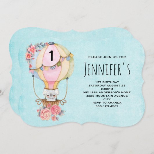 ベアウォーター付き可愛い風船誕生日 招待状 (正面/裏面)