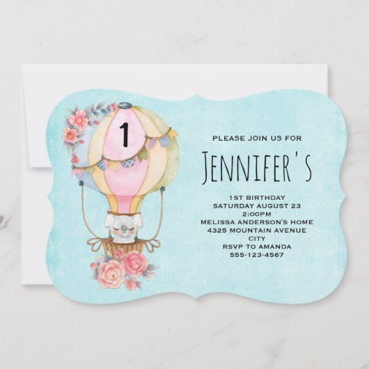 ベアウォーター付き可愛い風船誕生日 招待状 (正面)