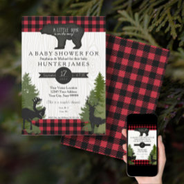 ベアウッドランドフォレストバッファローチェック赤ちゃんシャワー5x7 招待状