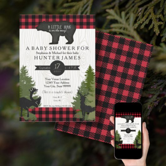 ベアウッドランドフォレストバッファローチェック赤ちゃんシャワー5x7 招待状