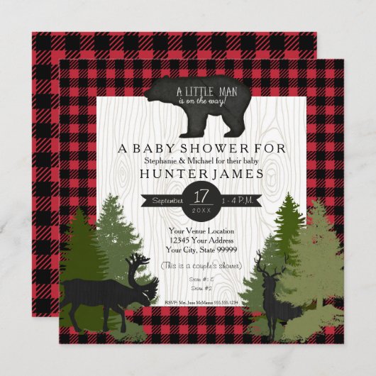 ベアウッドランドフォレストルンバージャックプレイドベビーシャワー 招待状 (正面/裏面)