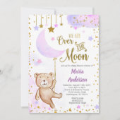 ベアオーバーザムーン薄紫ベビーシャワー招待状 招待状 (正面)