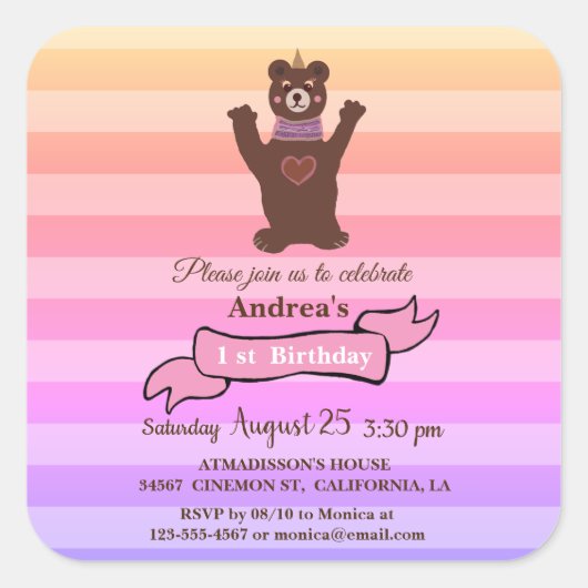 ベアガール誕生日誕生日シール スクエアシール (正面)