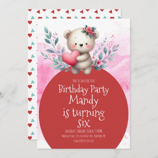 ベアキュートハートハギングウォーター誕生日 招待状 (正面/裏面)