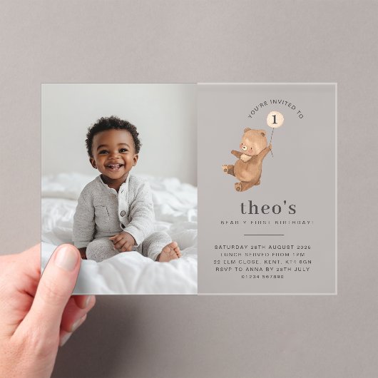 ベアクリームバルーンフォト1st誕生日招待状 アクリル招待状 (インサイチュ (ポータブル))