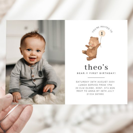 ベアクリームバルーンフォト1st誕生日招待状 招待状