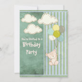 ベアグリーン素朴ストライプ子供の誕生日 招待状 (正面)