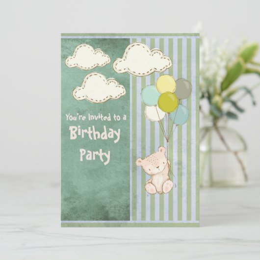 ベアグリーン素朴ストライプ子供の誕生日 招待状 (スタンド正面)