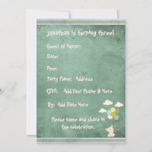 ベアグリーン素朴ストライプ子供の誕生日 招待状 (裏面)