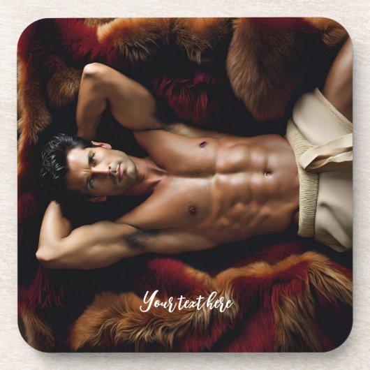 ベアスキンの絨毯の上で熱い男 コースター (正面)