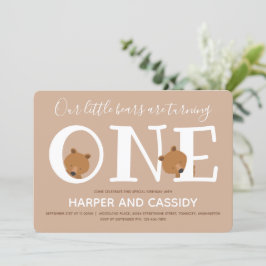 ベアツインズワンブラウン動物第一誕生日 招待状