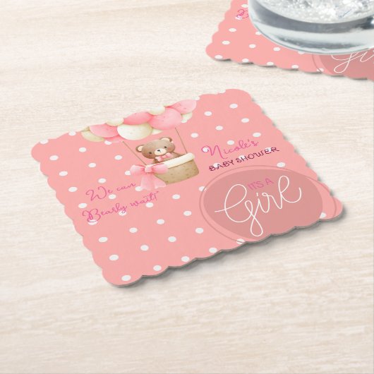 ベアテーマピンクピーチホットエアバルーンベビーシャワー ペーパーコースター (アングル)