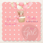 ベアテーマピンクピーチホットエアバルーンベビーシャワー ペーパーコースター (正面)