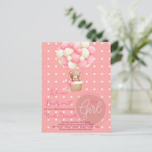 ベアテーマピンクピーチホットエアバルーンベビーシャワー ポストカード (スタンド正面)