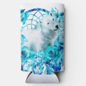 ベアドリームキャッチャーティール（緑がかった色）アイスブルーフローラ スリム缶クーラー (正面)