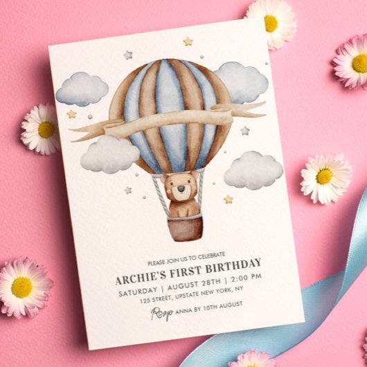 ベアバルーンウォーター色ボーイズ1st誕生日かわいい 招待状