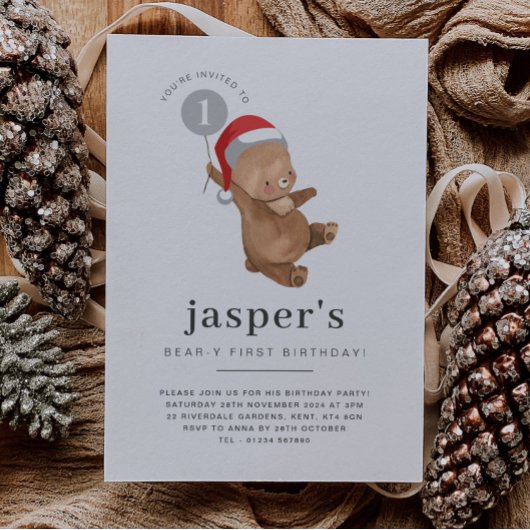 ベアバルーンサンタハットファースト誕生日写真 招待状