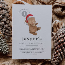 ベアバルーンサンタハットファースト誕生日招待状