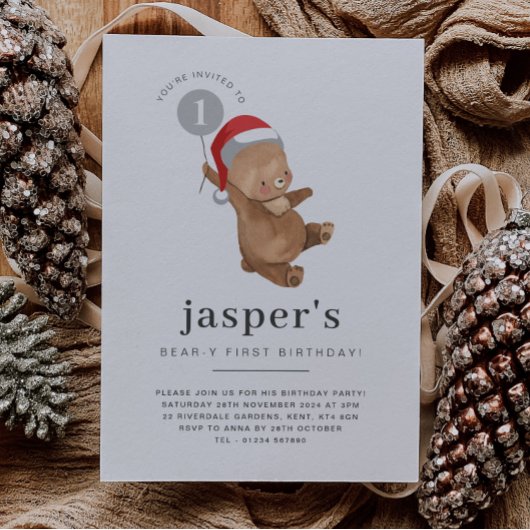 ベアバルーンサンタハットファースト誕生日招待状 招待状