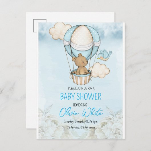 ベアバルーンベビーシャワー、我々は心から待つことができる インビテーションポストカード (正面/裏面)