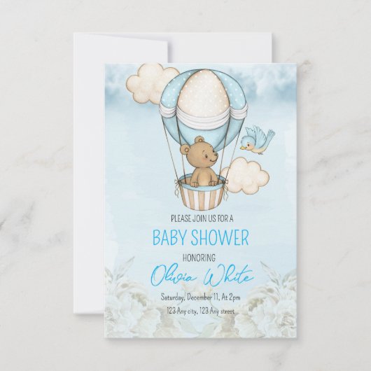 ベアバルーンベビーシャワー、我々は心から待つことができる 招待状 (正面)