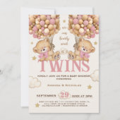 ベアバルーン心待ちツインベビーガールシャワー 招待状 (正面)