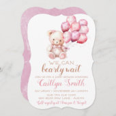 ベアバルーン心待ち赤ちゃんシャワー女の子 招待状 (正面/裏面)