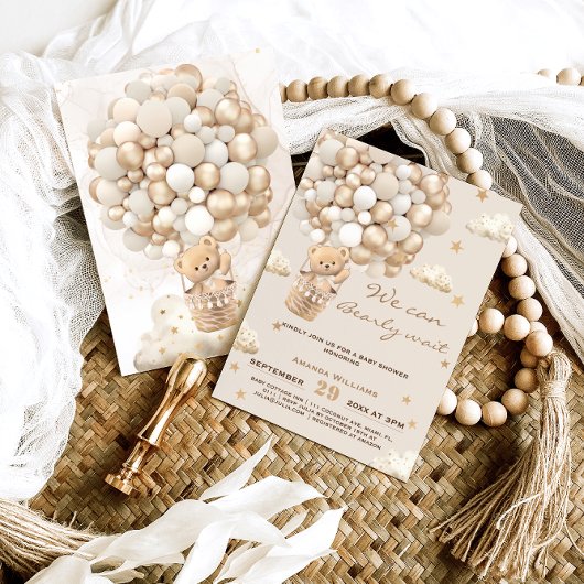 ベアバルーン心待ち金ゴールドニュートラルベビーシャワー 招待状